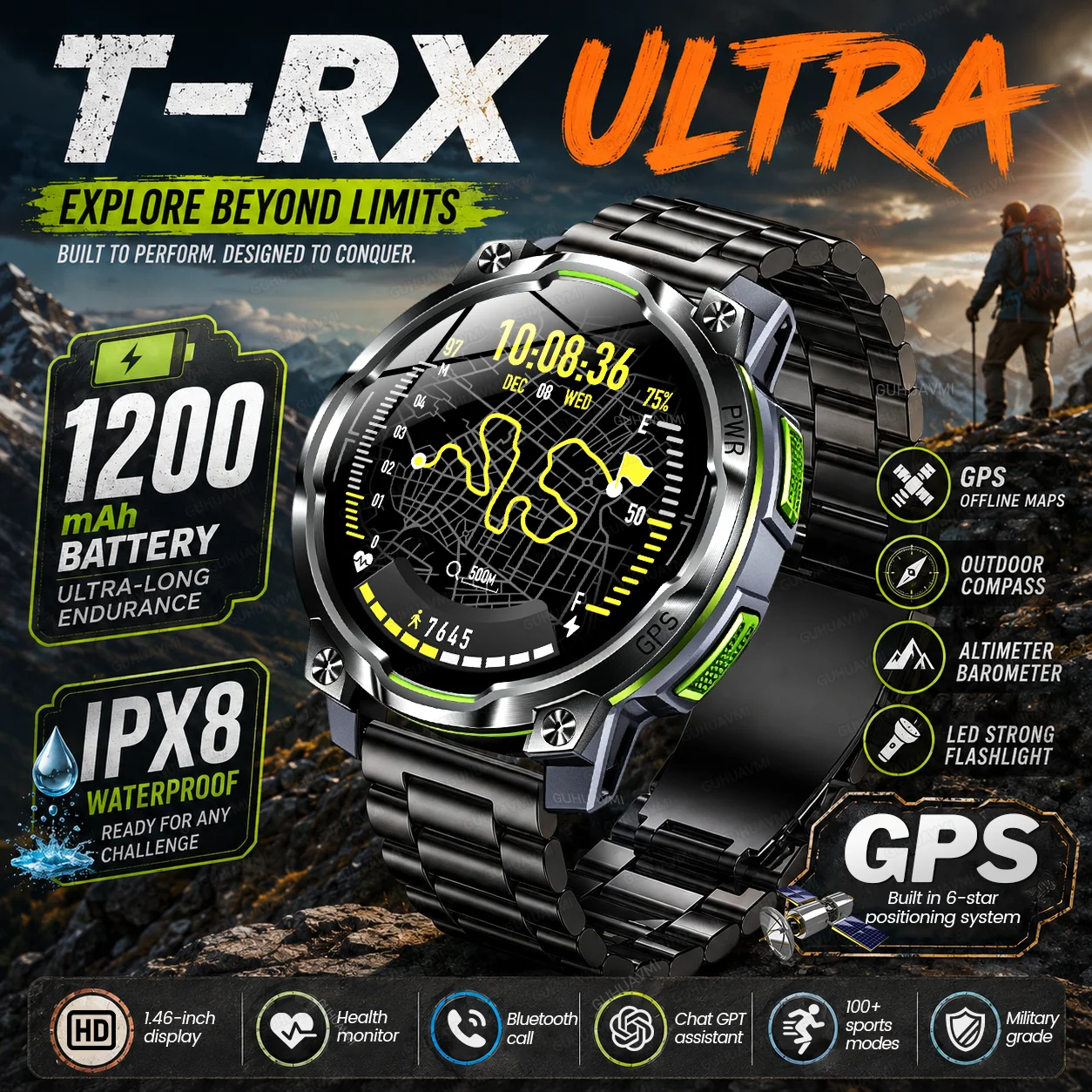 New T-RX Ultra Men Sports Smart Watch Outdoor GPS Map 1200mAh Battery Compass LED Flashlight IPX8 Waterproof BT Call Smartwatch