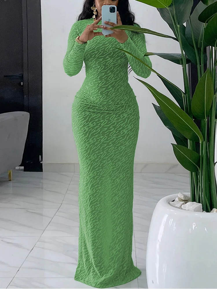 Crystal 2024 Female Clothes Solid Color Maxi Dress Party Club Vestidos Round Neck Long Sleeved Plush Slim Fit Dress For Women