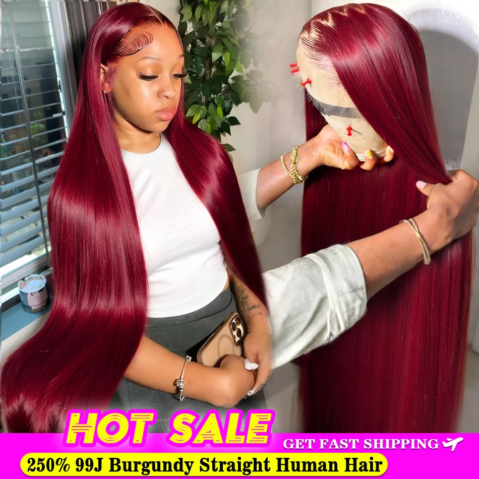 

30 36 дюймов 250% 99J Бордовый 13x4 Парик Фронта Шнурка Человеческие Волосы 13x6 HD Прямой Парик Фронта Шнурка Предварительно Сорванный Парик Красного Винного Цвета