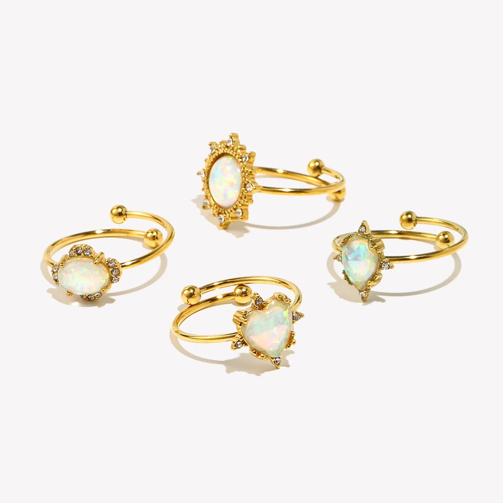 E.B.belle Adjustable Rings For Women Stainless Steel Gold Plated White Natural Opal Stone Rings For Party Wedding Ring