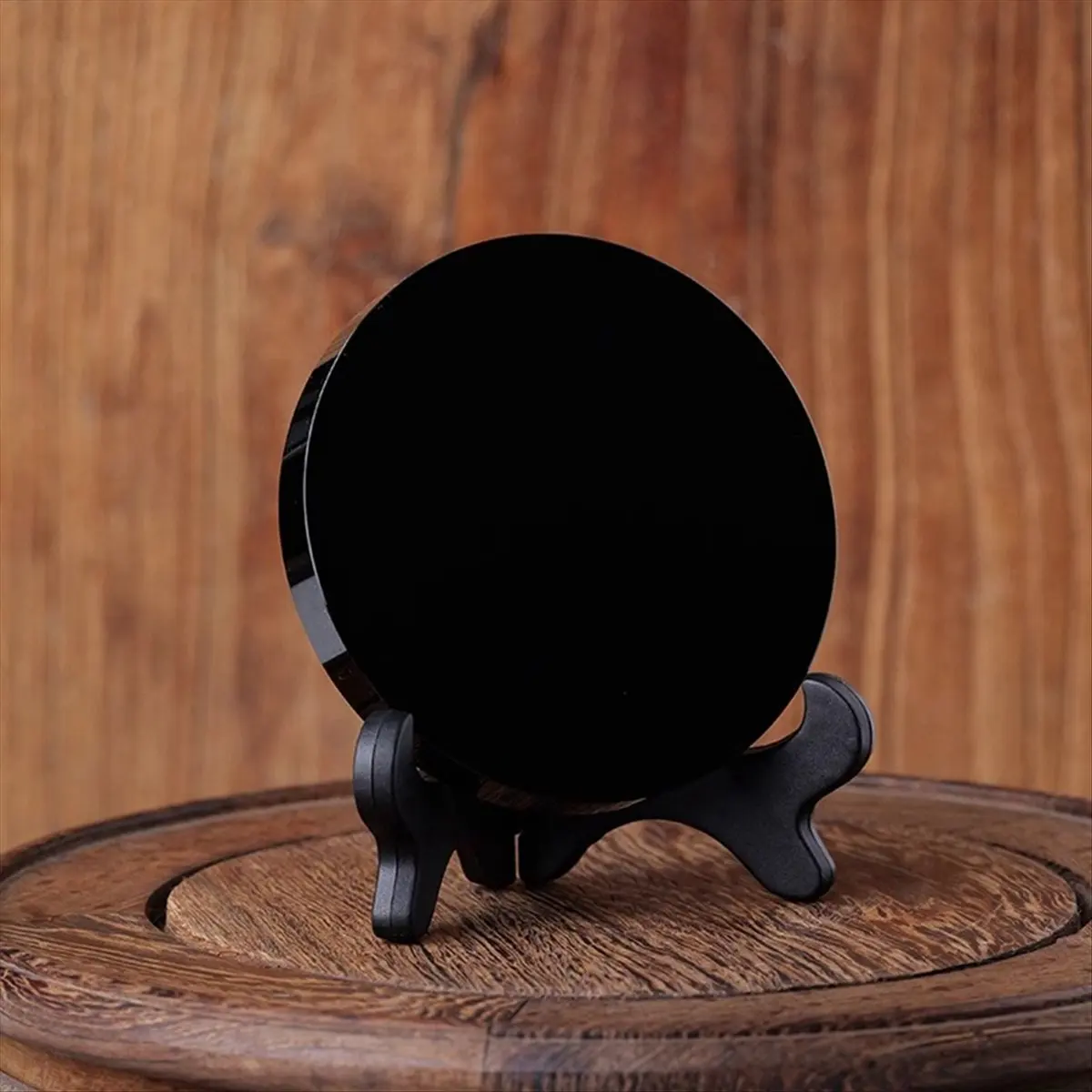 Nieuwe hoogwaardige natuurlijke zwarte obsidiaan scrying spiegel helende kristallen steen ronde plaat spiegel home decor met plank