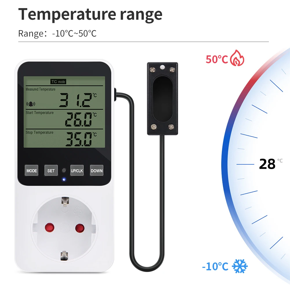 Gniazdo kontroli wilgotności i temperatury Cyfrowy wyświetlacz LCD Przełącznik termostatu Regulator temperatury wilgotności z czujnikiem temperatury