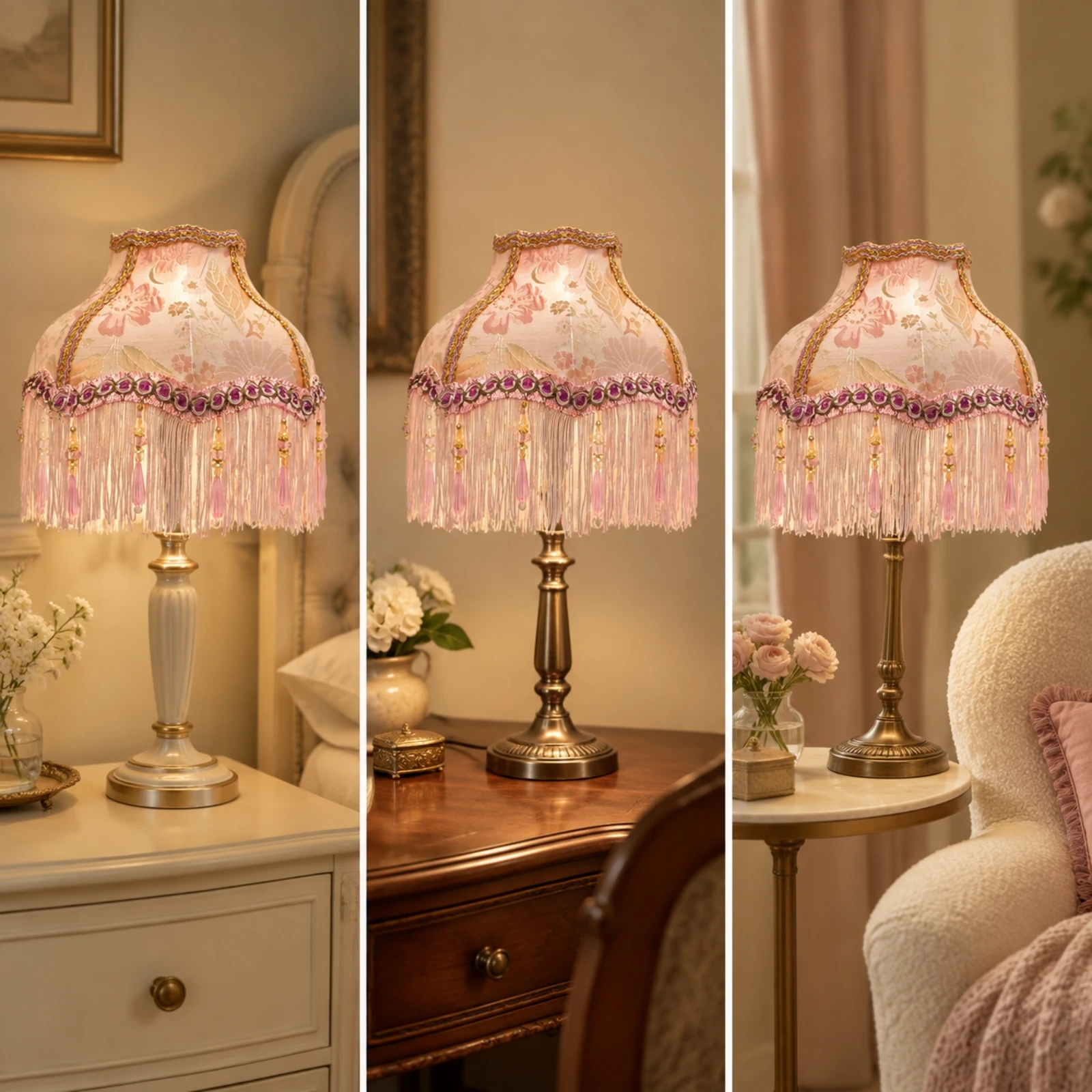Pink Jacquard Lampshade Vintage Teardrop Princess Lampshade Jacquard Lamp Shade Warm Light Lamp Shade with Fringes Low-Glare
