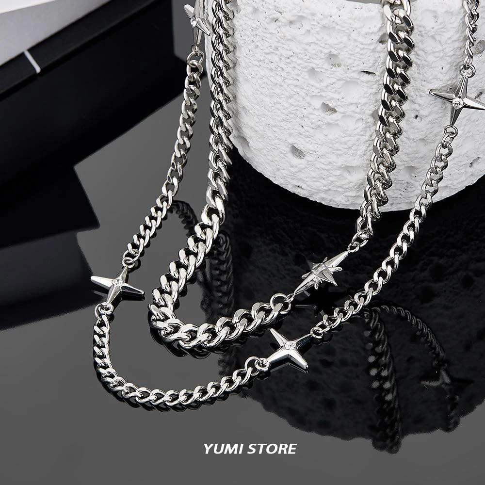 Hip Hop Double-layer Star Cross Necklace For Man Woman Titanium Steel  Clavicle Chain Choker Punk Male Accessories Wholesale