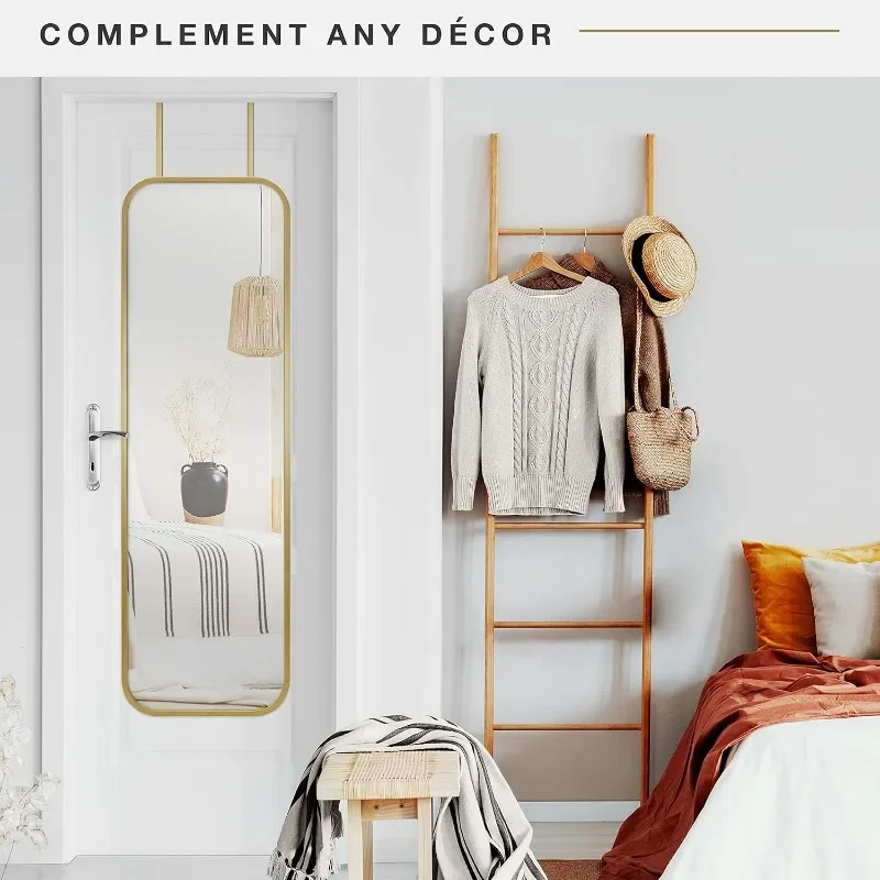 Over The Door Mirror With Rounded Corners, Full Length Hanging Mirror for Bedroom and Bathroom Doors, 17 by 55 Inch, Brass