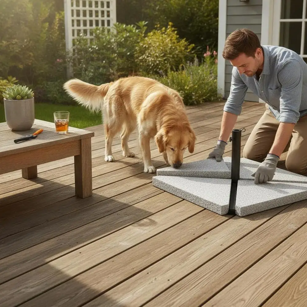 Base de parasol stable 56 kg en granit et acier thermolaqué, pliable et facile à ranger, compatible avec les mâts de 38/48 mm, installation simple, adaptée pour terrasse, balcon, jardin, espace extérieur