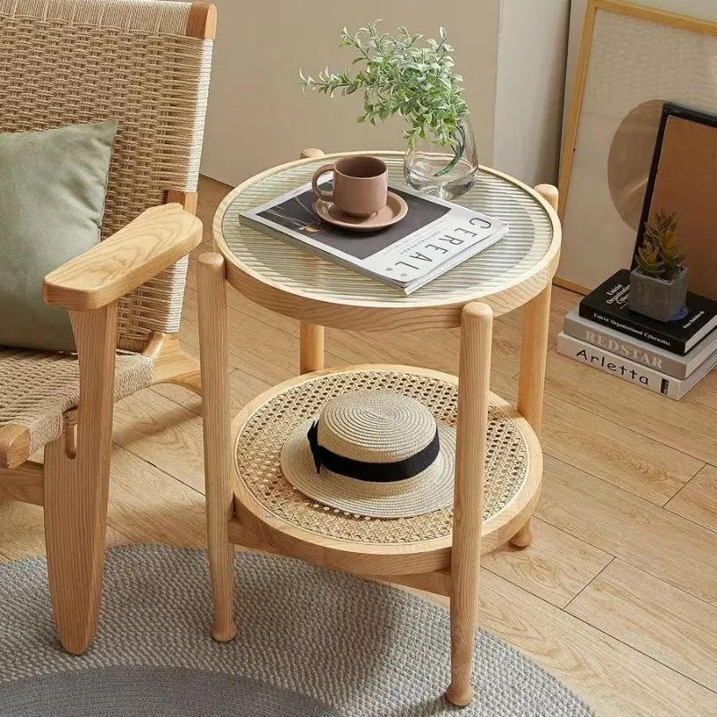 

Nordic solid wood rattan several Japanese-style Changhong glass double-layer round retro
