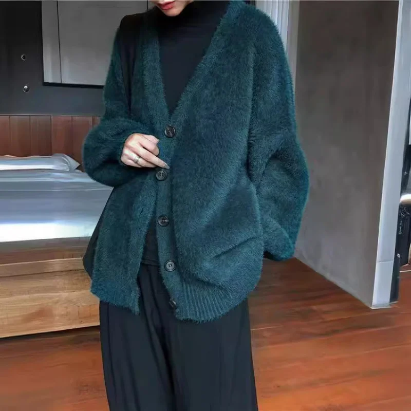 

Large Size Faux Mink Velvet Knitted Cardigan Autumn Winter Korean Style Casual Lazy Top Coat Women