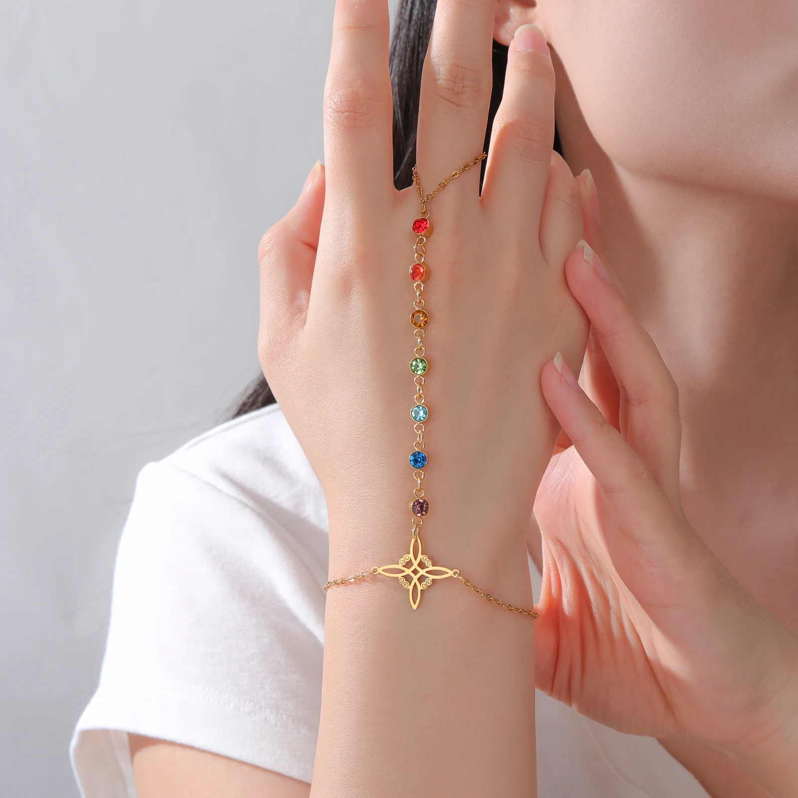 Unift سوار عقدة الساحرة مع خاتم الفولاذ المقاوم للصدأ سوار المرأة موضة سوار الزركون الملون مع خاتم هدايا لصديق #2