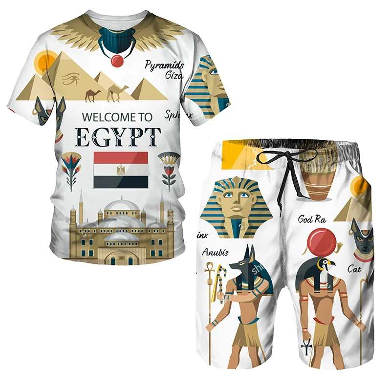 Summer Men's T-shirt Set Fashion Short Sleeve Shorts 2 Pieces Oversized Tracksuit Casual Handsome Egyptian Style Streetwear Suit