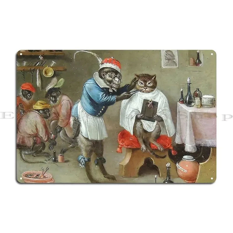 Placa metálica Hd The Barber Monkey 1670c Ferdinand Van Kessel, divertida, para fiestas, sala de estar, garaje, cartel de hojalata personalizable