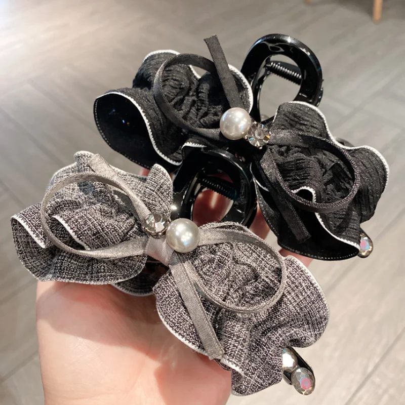 

Черные двусторонние плиссированные заколки-банты для волос, женские заколки-крабы для затылка, милые корейские аксессуары и головные уборы, заколки-шпильки