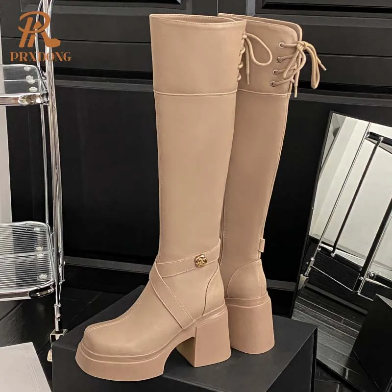 PRXDONG 2024 New Classics Autumn Winter Shoes Woman Stretch Boots Square High Heel Platform Black Apricot Casual Knee High Boots