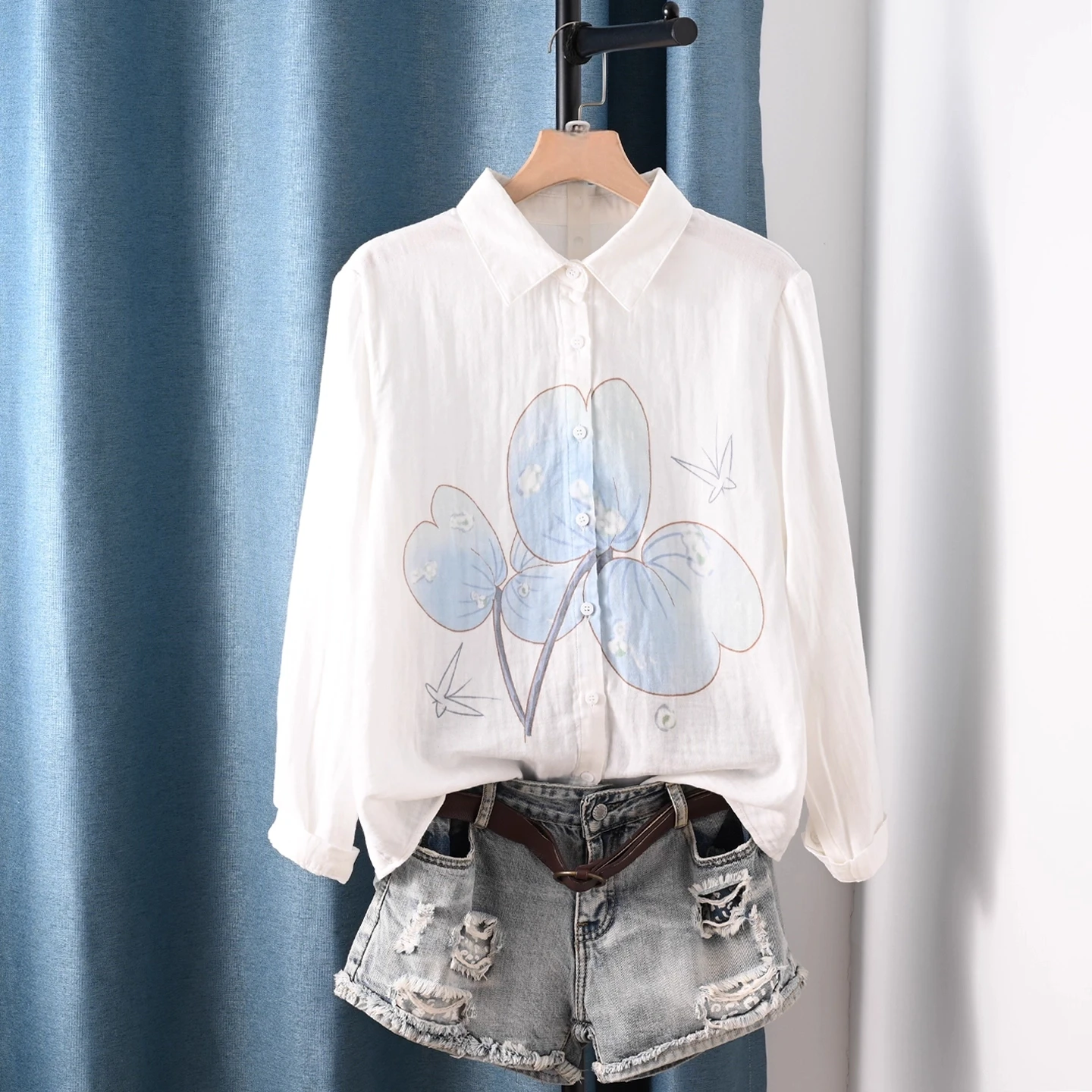 

Enianechu Elegant Blouses Japanese Style Pure Cotton Cartoon Print White Shirts and Blouses for Women Cotton Long Sleeve Tops