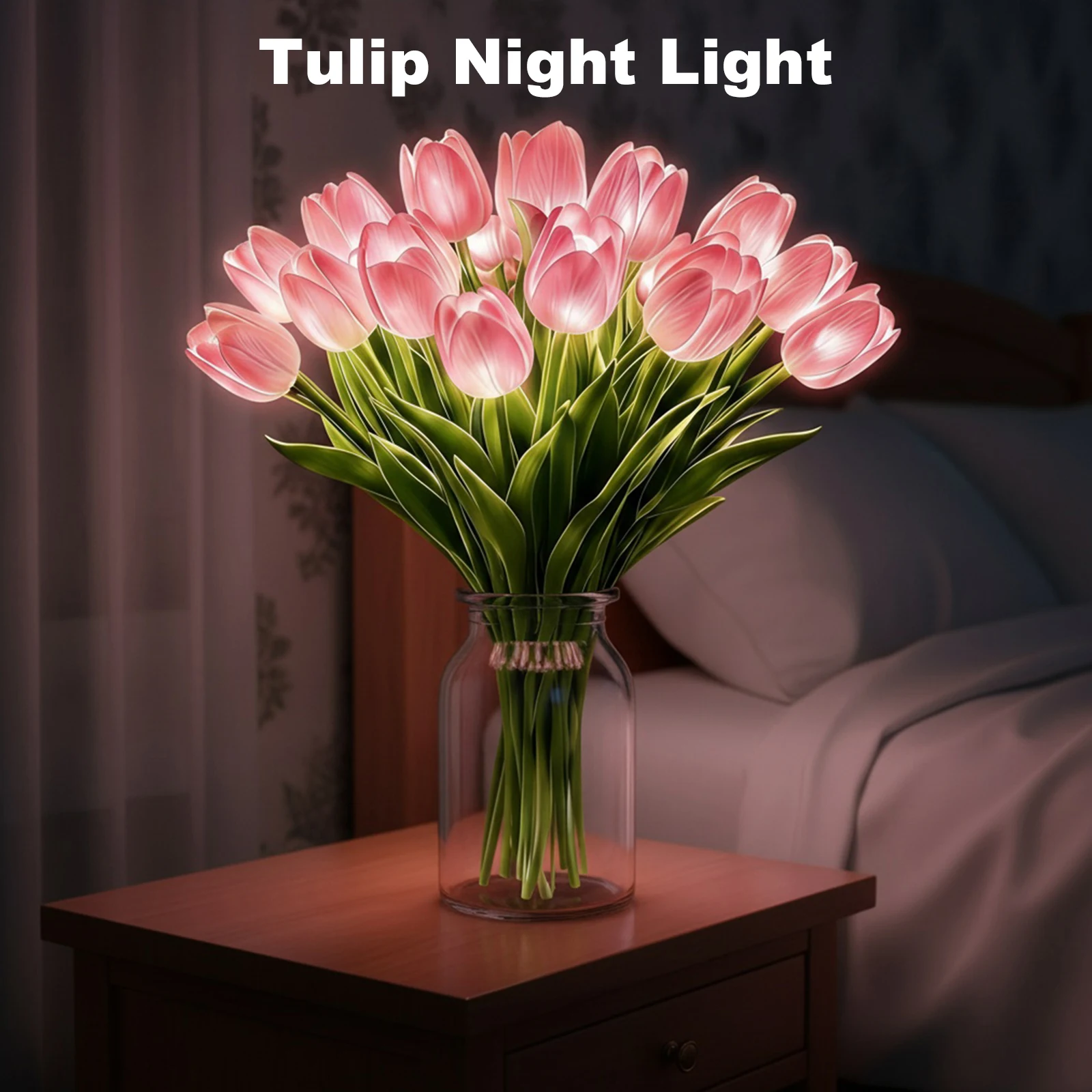 15 Lámparas de Noche con Forma de Tulipán, Luz Cálida Romántica, Lámpara Ambiental Ajustable con Forma de Flor, para Decoración de Dormitorio y Mesita de Noche