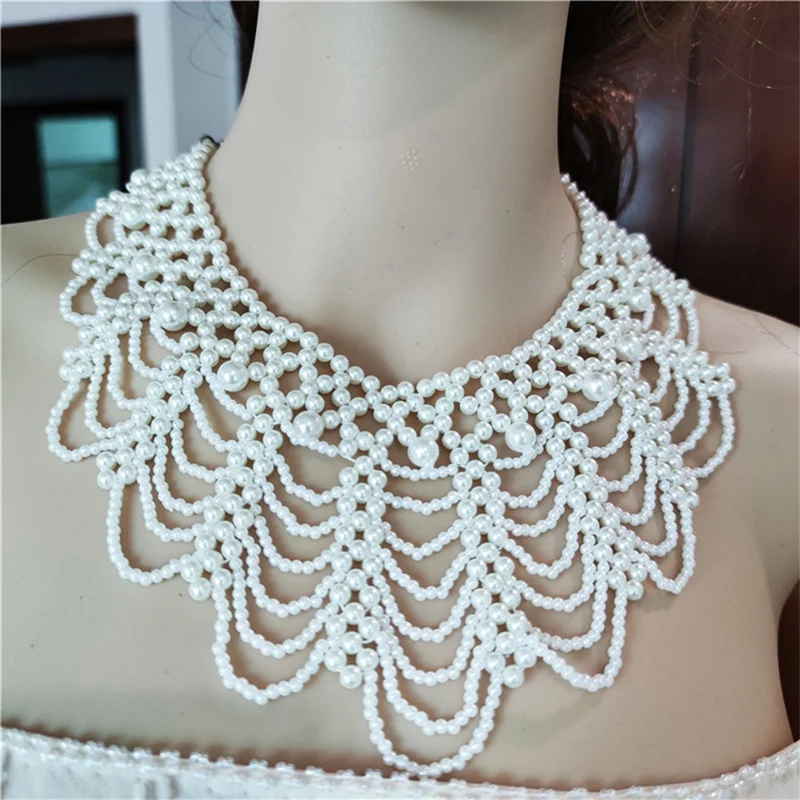 Collar de encaje con cuentas de perlas para mujer, cintas, joyería de boda para ropa, vestido de novia, accesorios de moda, regalo creativo