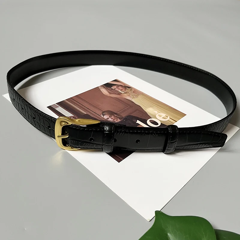 Cowhide Gold-Plated Buckle Belt Original Retro Classic Embossed Ladies Crocodile Belt Versatile Genuine Leather Trend 2.8cm Widt