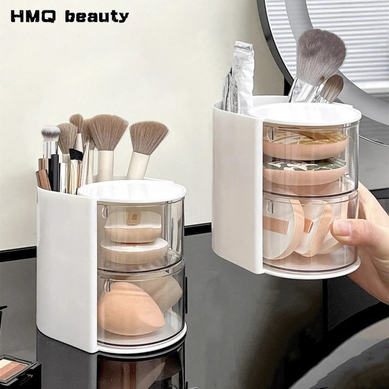 2-in-1 Rotatable Makeup Brushes Storage Multi Layer Dust Proof Rotary Storage Lipstick Makeup Cotton Powder Puff Storage Rack