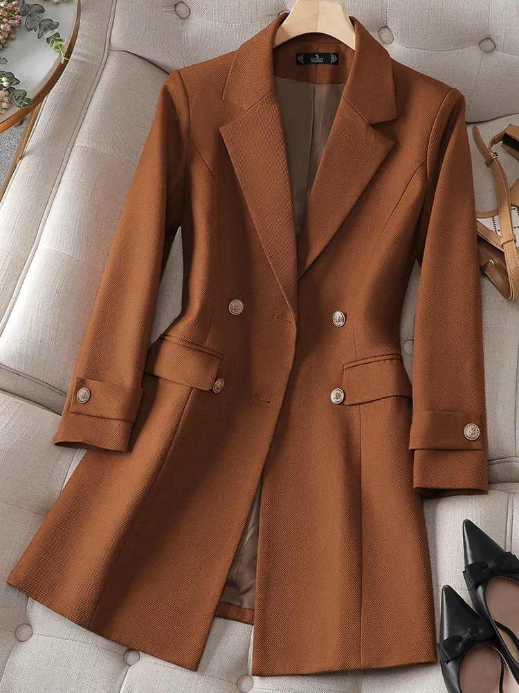 

Autumn Winter Long Formal Blazer Jacket Women Khaki Brown Black Office Ladies Female Business Work Wear Coat REF-2023