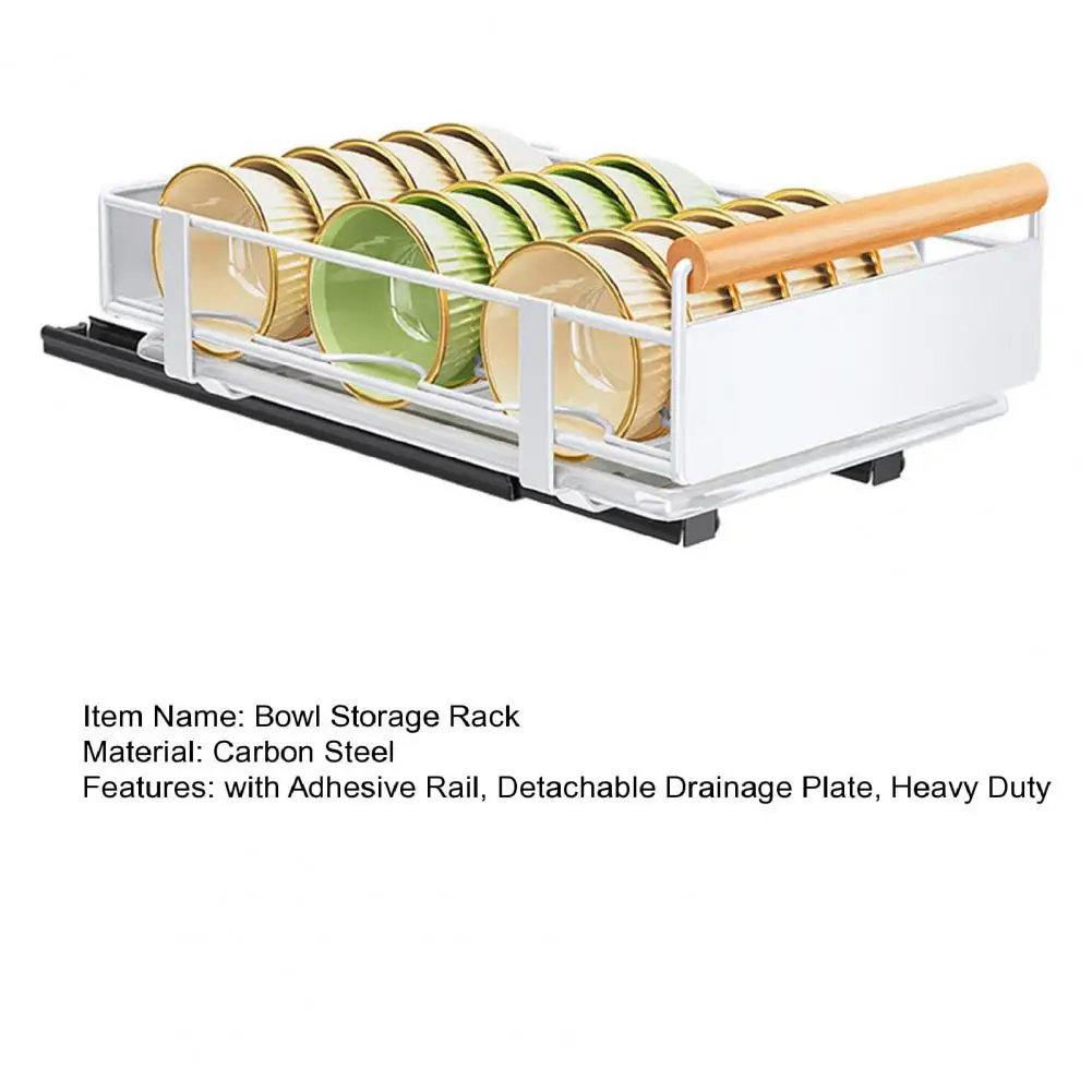 Bowl Dish Storage Rack with Adhesive Rail Pull Out Sliding Drawer Cabinet Organizer Detachable Drainage Slide Out Pantry Shelves