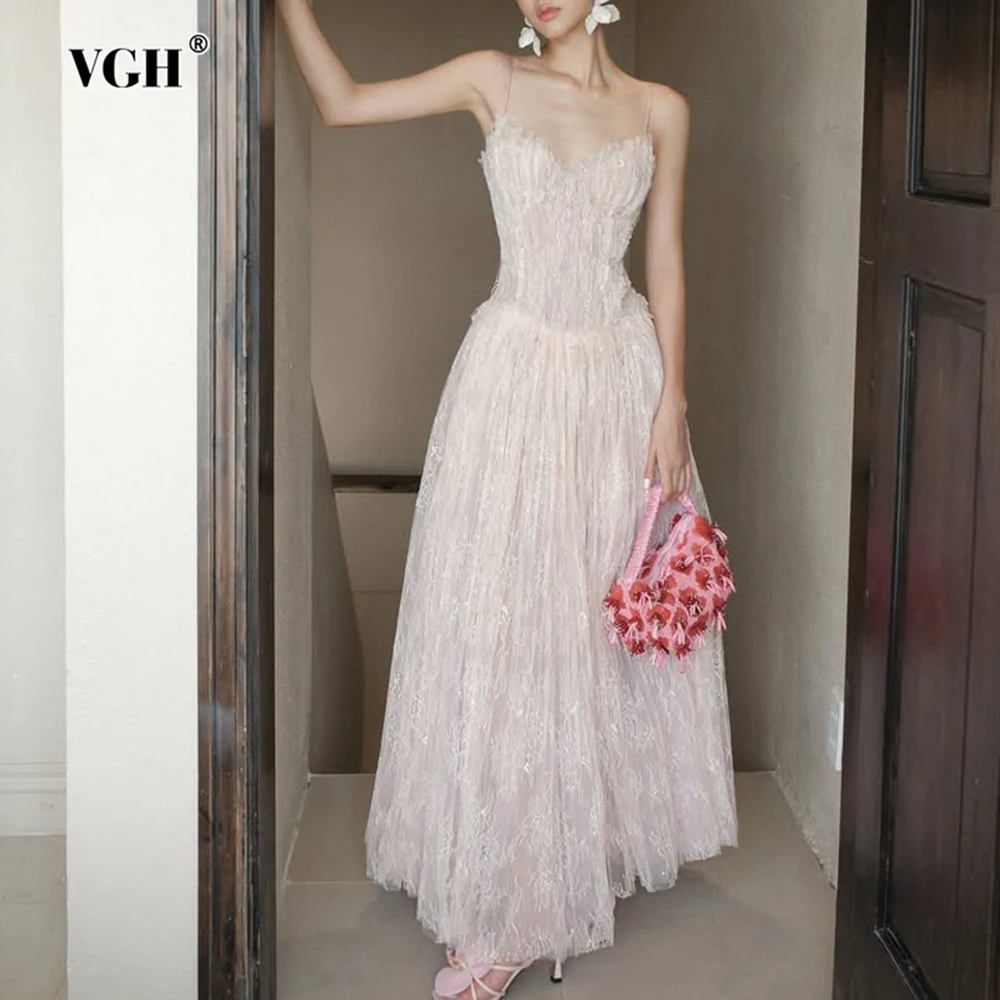 

VGH Solid Elegant Slimming Lace Princess Dresses For Women Square Collar Sleeveless Backless High Waist Sweet Dress Female New