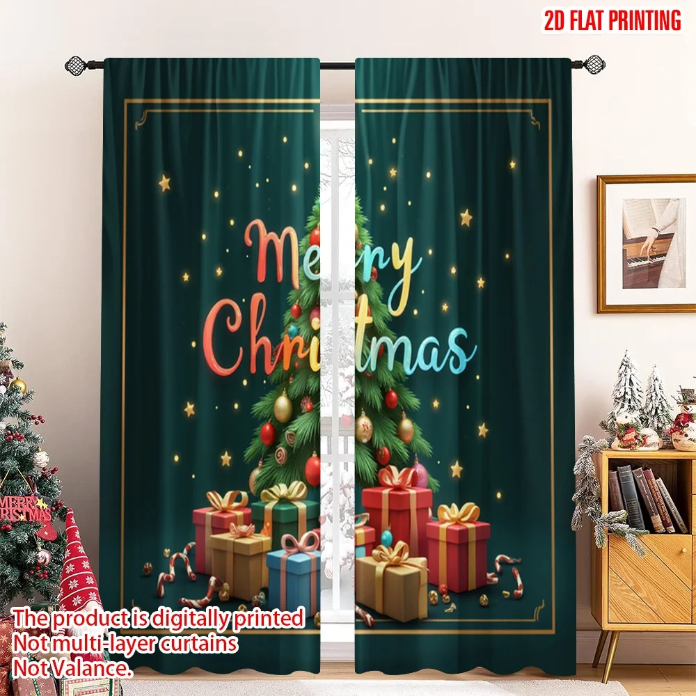 

2pcs 2D flat printing Christmas Party Curtain Merry Christmas Tree Ornaments Polyester Without Electricity Family Party for