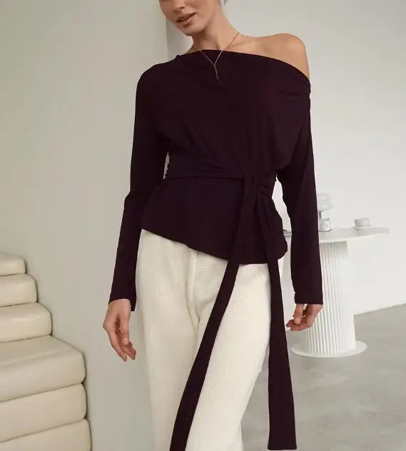 

2026 Spring New Base Shirt Women's Slant Shoulder Style Strap Waist Long Sleeve T-Shirt