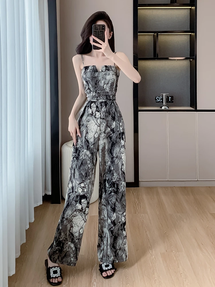 Eleganckie, wyszczuplające spodnie z szerokimi nogawkami, monokini z wysokim stanem, cienki szyfonowy strój jednoczęściowy z nadrukiem wodnym.