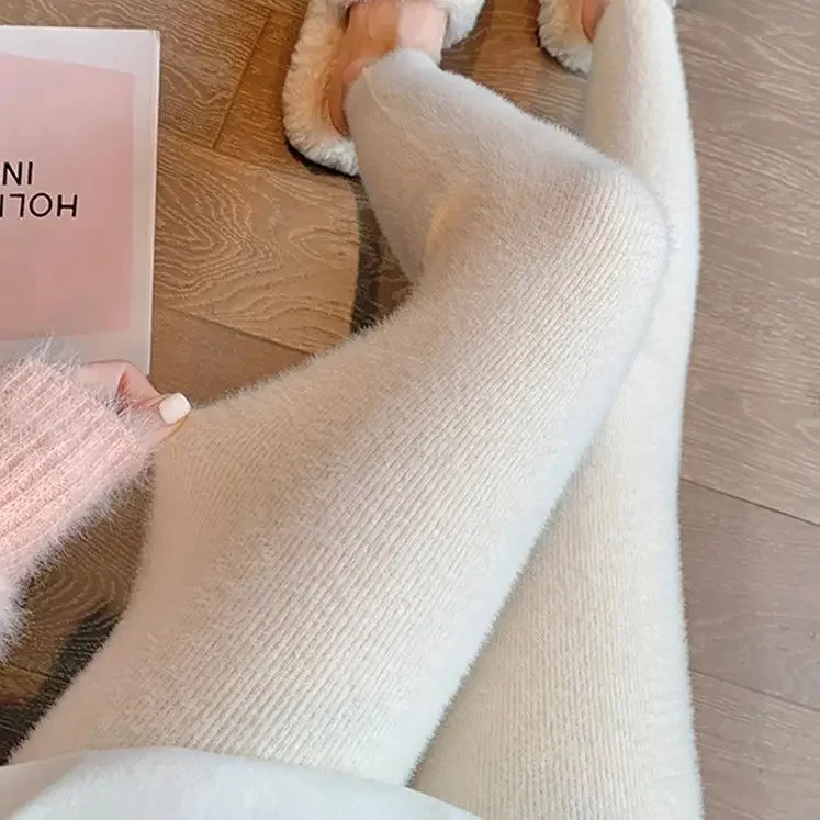 سميكة الدافئة الأرنب الفراء المرأة الخريف الشتاء عالية الخصر سليم صالح بسط طماق غير رسمية السراويل تشديد شكل الجسم #1