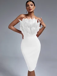 White Bandage Dress Women Feather Party Dress Bodycon Elegant Midi Sexy Strapless Evening Birthday Club Outfits Summer 2023