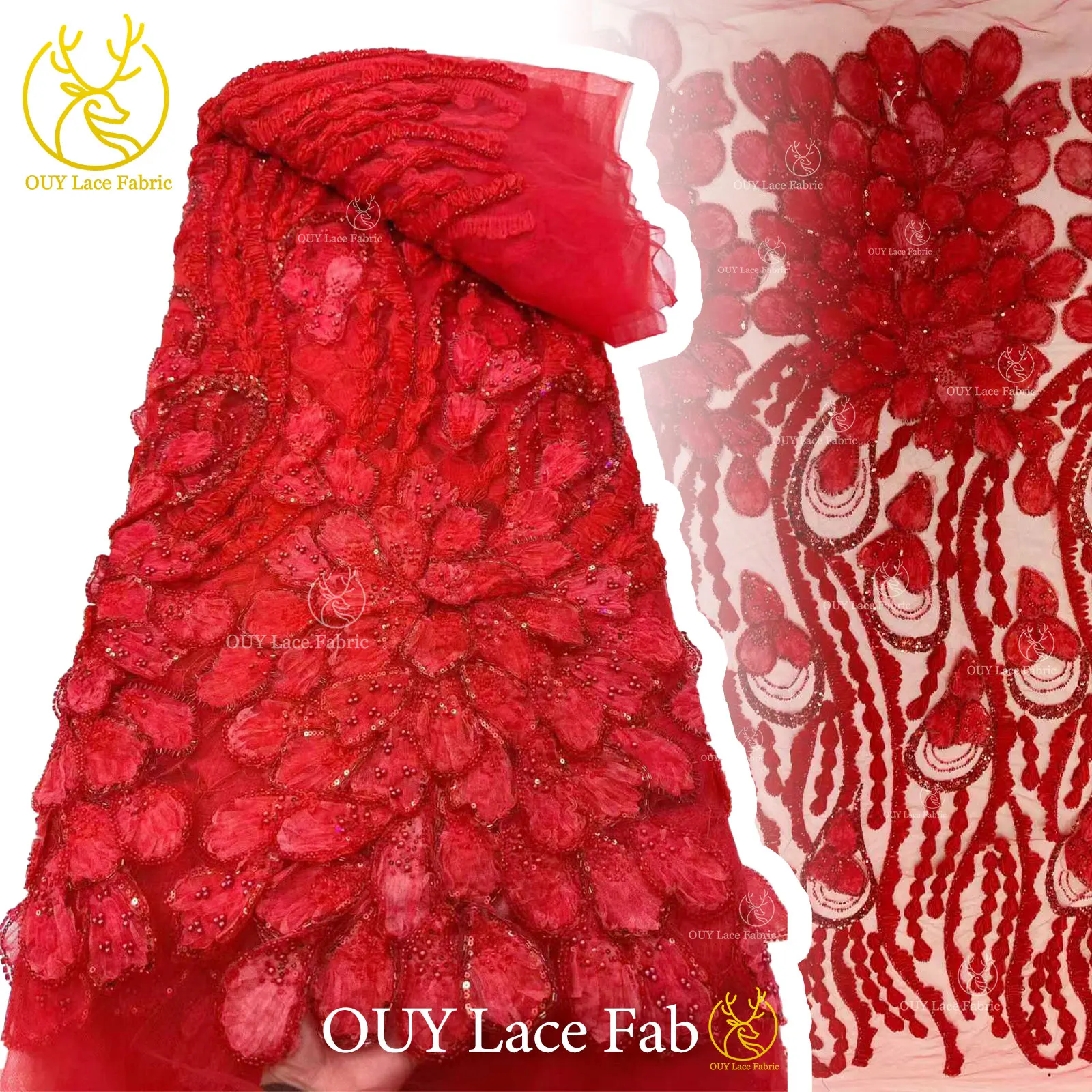 

Новая 3D-ткань из красного африканского бисерного кружева с французскими пайетками, нигерийская вышитая ткань для свадебных и вечерних платьев