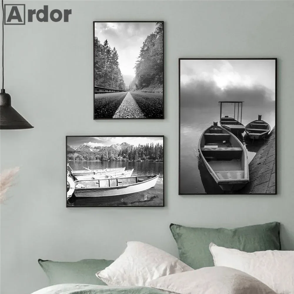 Black And White Lake Boat Tree Painting Fog Forest Mountain Canvas Art Poster Natural Landscape Print Wall Pictures Home Decor