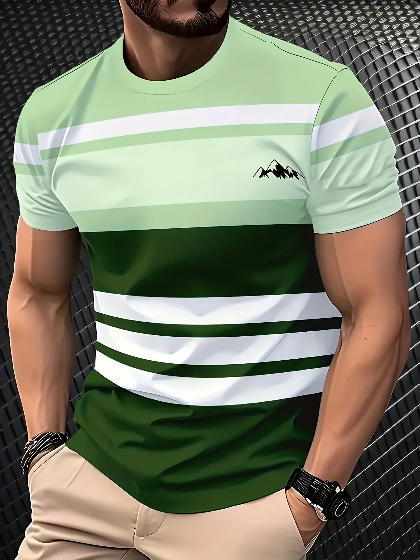 Green Color Block Striped T Shirt Men Mountain Peak Graphic Print Crew Neck Short Sleeve Outdoor Daily Casual Street Tees