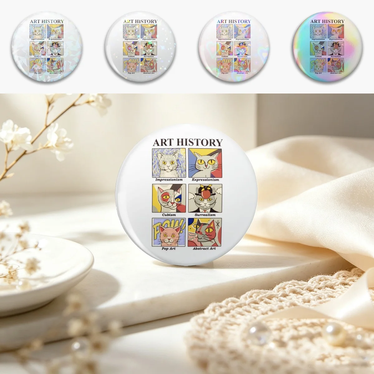 Art History Pin Holographic Star Heart Pin Brooches Laminated Button Fashion Accessory