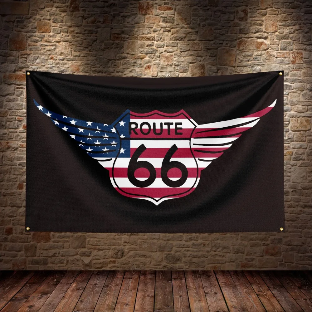 3X5Ft U.S. Route 66 Motorcycle Flag Polyester Digital Printing Car Banner For Decor