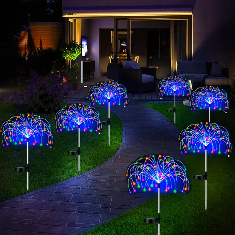 Solar Firework Lights 60-420LED Garden Stake Lamp 8 Modes Waterproof IP54 Rating Warm White White Colorful Pathway Party Decor