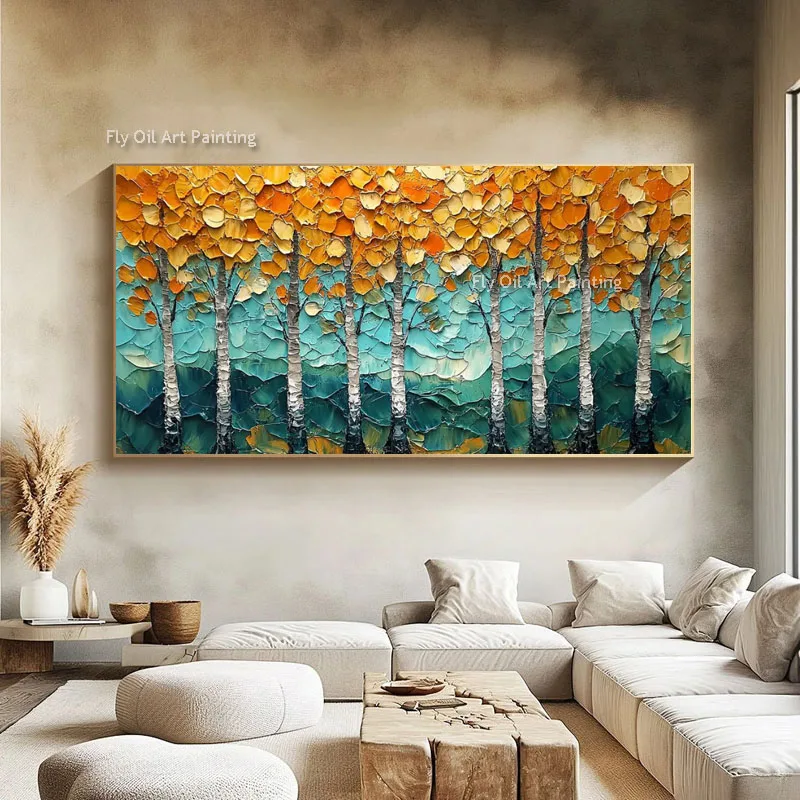 Autumn Tree Canvas, Vibrant Birch Forest Scene, Hand Painted Thick Texture Horizontal Wall Art