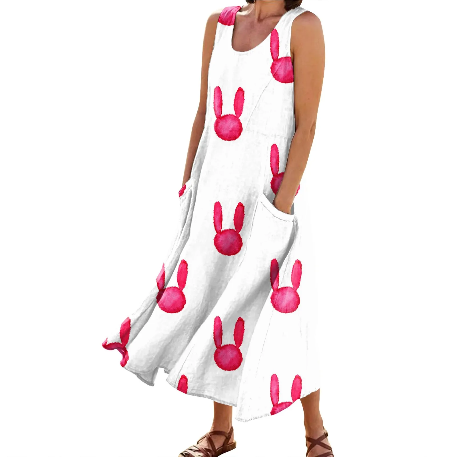 Women'S Tank Dress Fashion Cartoon Easter Printed Dress Summer Casual Vacation Sleeveless Round Neck Loose Dress With Pockets