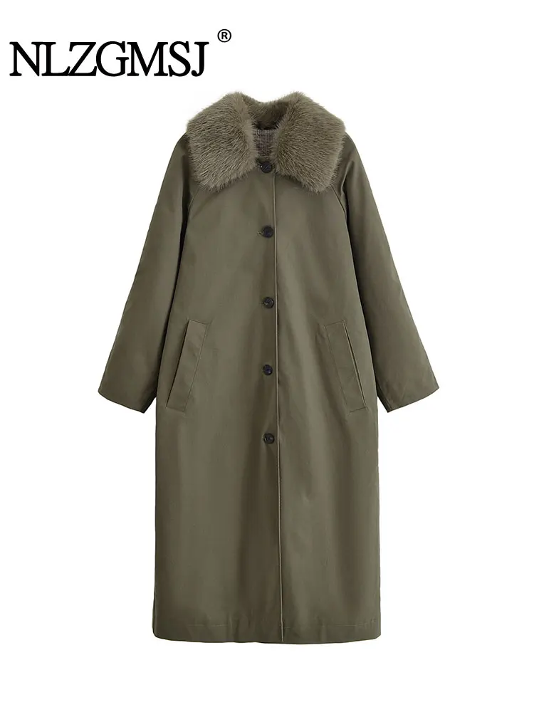 

NLZGMSJ Women's Long Trench Coat Fur Collar Single-breasted Full Sleeve Overcoat 2025 Autumn Reversible Lady Fashion Outwear
