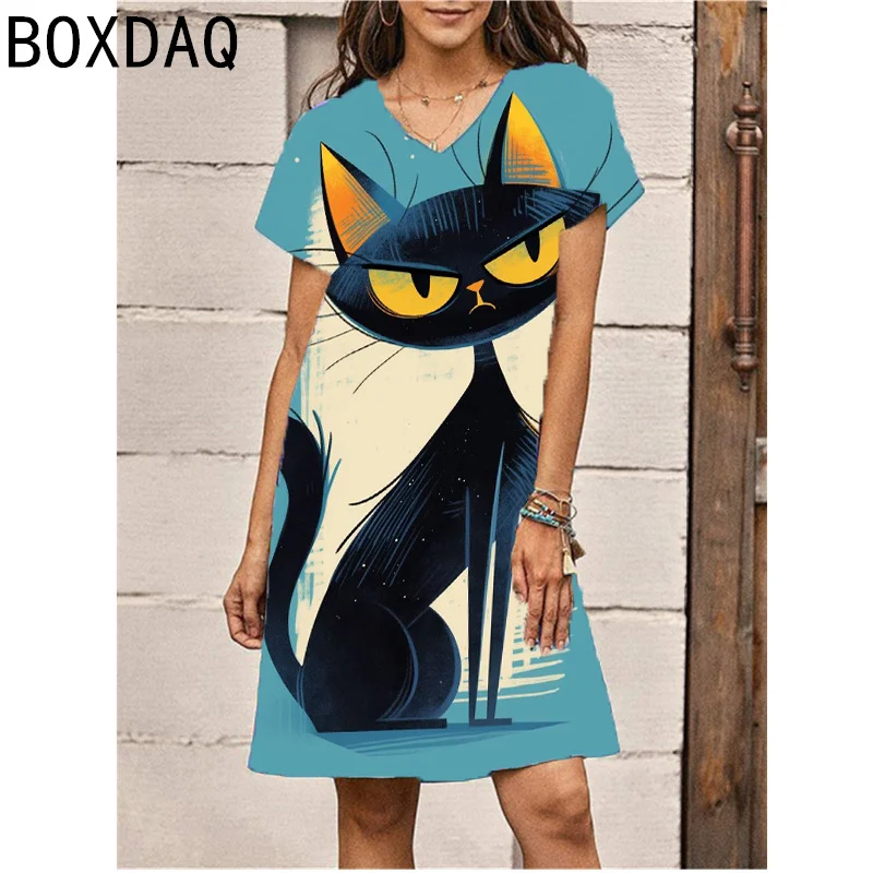 3D Fun Cat Print Dress Women Summer Short Sleeve V-neck Knee-length Dress Casual Beach Seaside Holiday Dress 3XL Big Size Dress