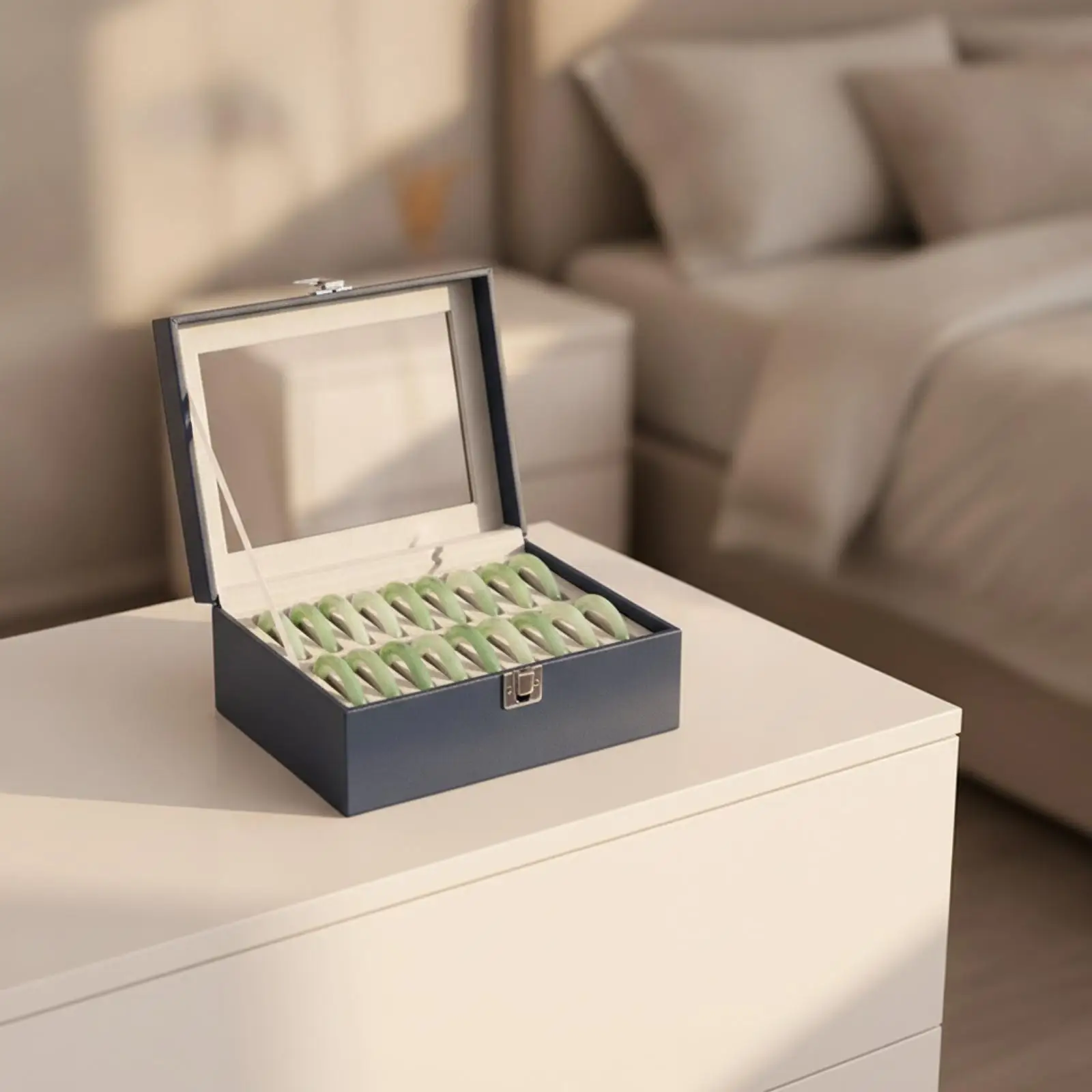 Clear Lid Jewelry Box for Bracelets with Gray Flannel Interior and Metal Clasp PU Leather Storage Case