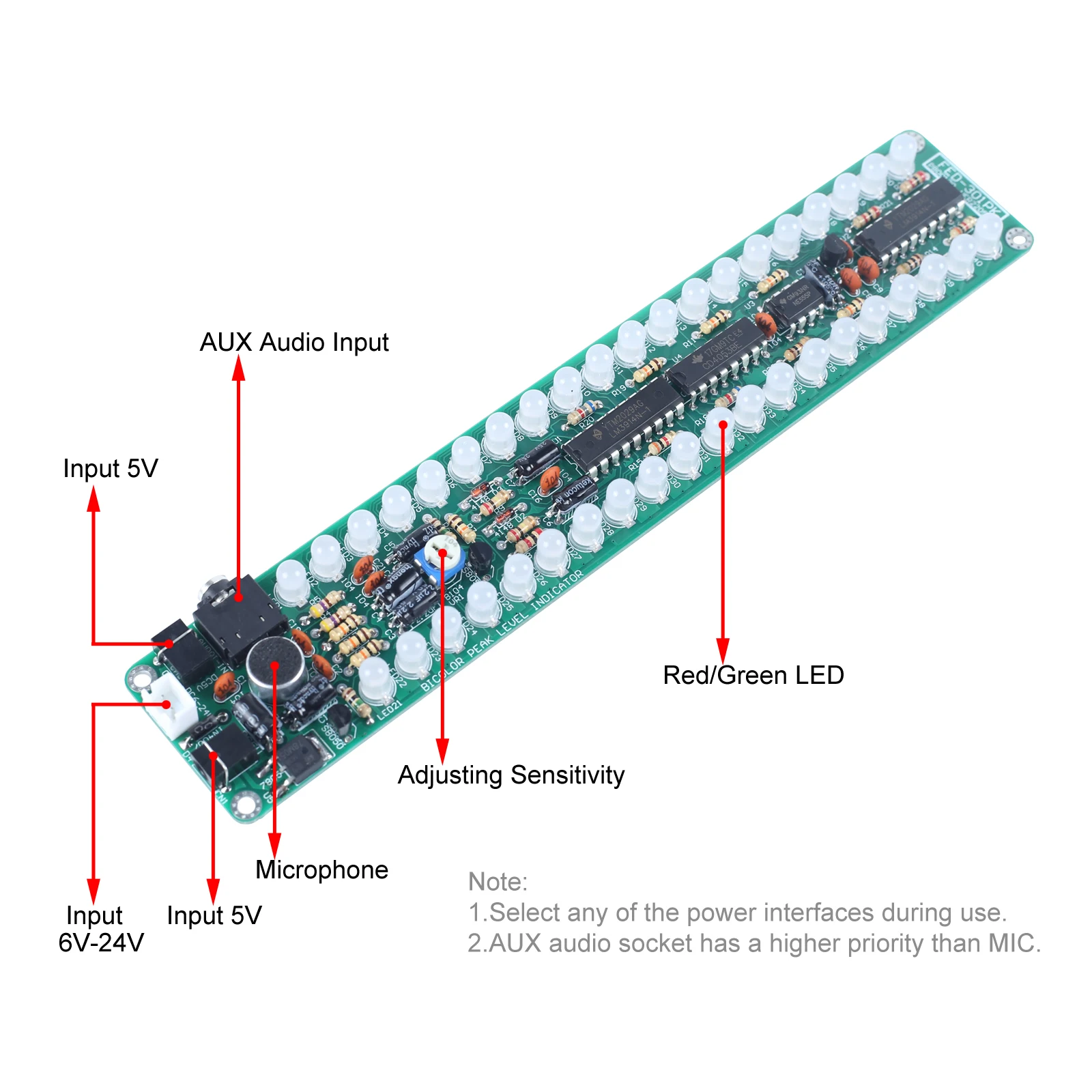 Audio Spectrum Indicator DIY Soldreing Practice Kit Red/Green LED Displayed Intensity of Input Audio Signal FED-301K