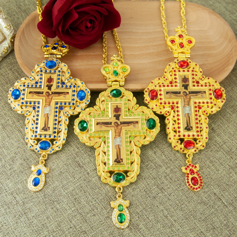 

HT NEW Orthodox Priest Cross Pectoral Cross Necklace For Priests Church Articulos Religious Catolicos Gold Plated