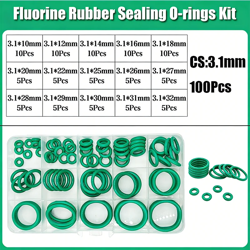 FKM Grüner O-Ring-Satz Fluorkohlenstoff-Dichtungsringe für Auto-Motoren, Hydraulik, Sanitär, Chemikalienbeständig, Öl- und Hitzebeständig, 75 Shore A – Detail 9
