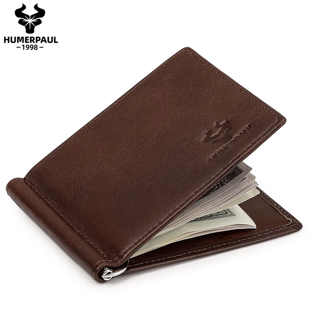 Ultracienki męski portfel z klipsem na pieniądze Vintage prawdziwej skóry Bifold etui na karty torebka Mini wysokiej jakości męska portmonetka Cartera