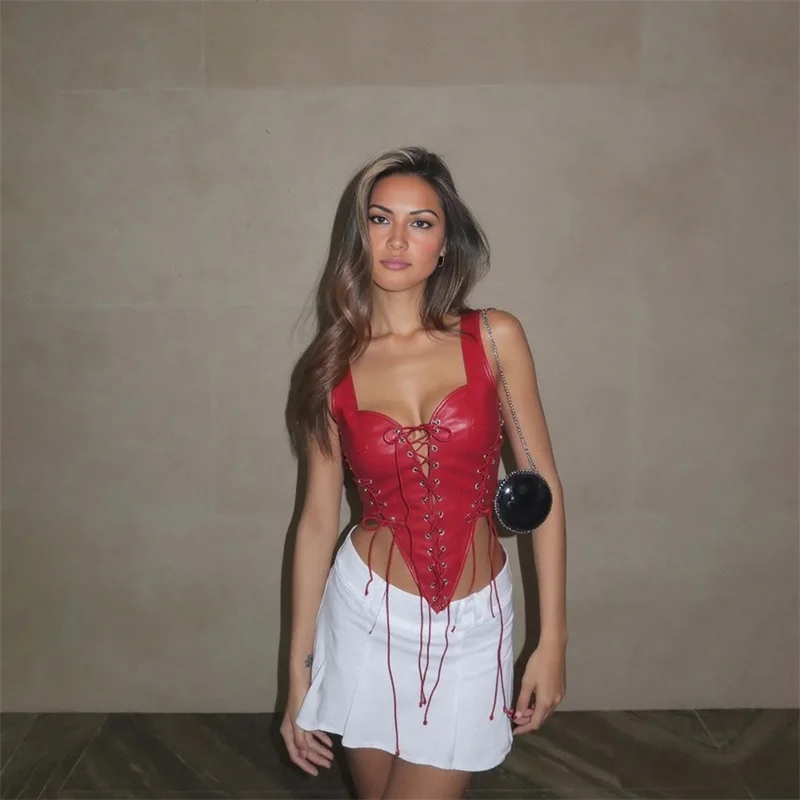 

PU Leather Black Red Women Vest Sexy Lace Up Sleeveless Casual Daily Party Waistcoat Hot Girl Evening Birthday Wear