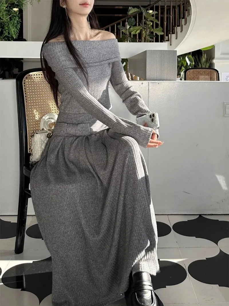 Spicy Girl Fashion Slash Neck Knitwear Pleated Skirt Two-piece Set Women Bow Splice Off Shoulder Solid Slim Gentle Autumn Wear