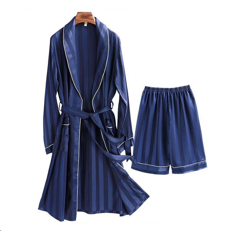 

Solid Sleepwear Men's Satin Robe Shorts Suit Kimono Bathrobe Silky Loungewear Summer New Nightwear Peignoir Homme With Belt