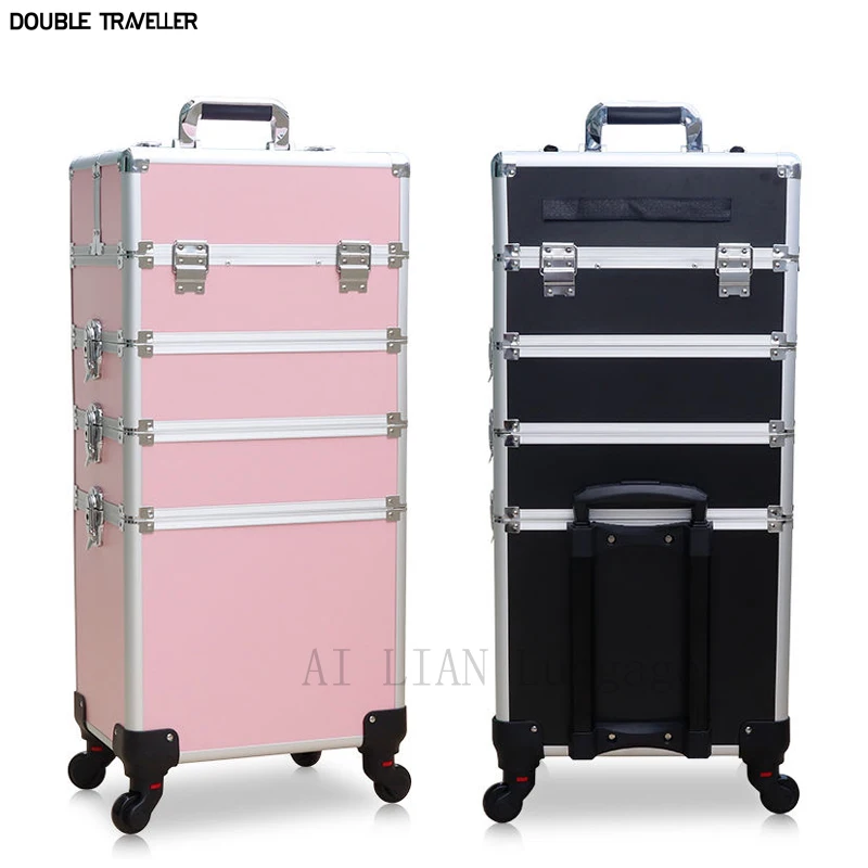 New Women Trolley Cosmetic Bags on Wheel,Nails Makeup Toolbox,Detachable Foldable Beauty Suitcase Travel bag vs Rolling Luggage