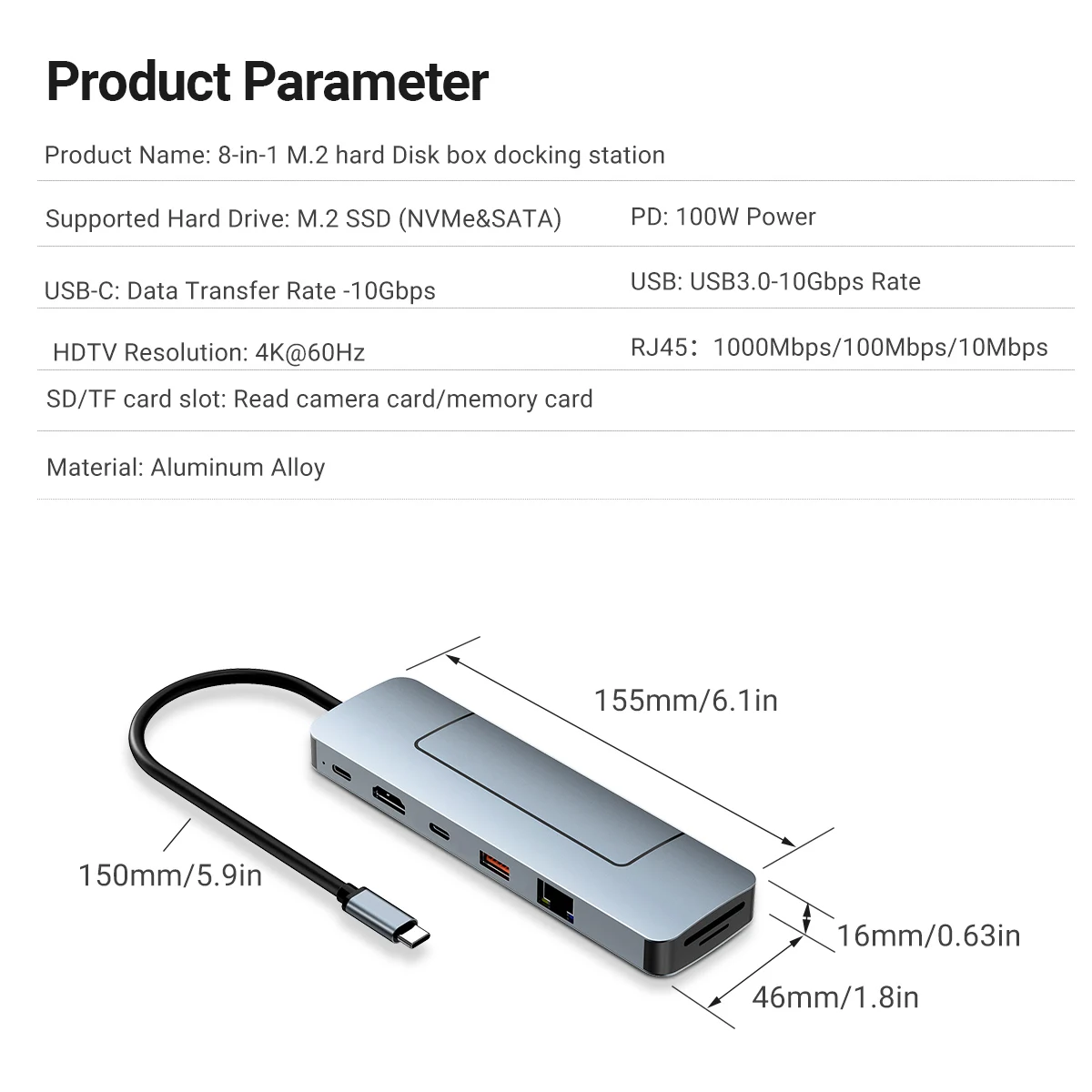 8 in 1 USB C HUB with M2 SSD Case M.2 NVMe SATA SSD Enclosure Adapter 4K Type C to HDMI Disk Docking Station for MacBook Laptop